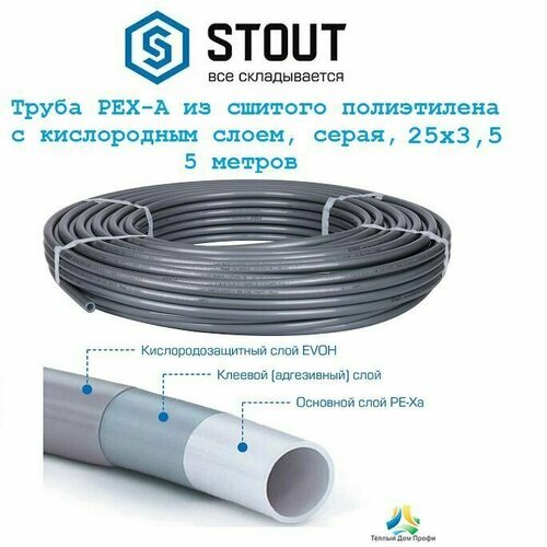 Труба STOUT PEX-A, серая из сшитого полиэтилена 25х3,5 с кислородным слоем - 5 метров.
